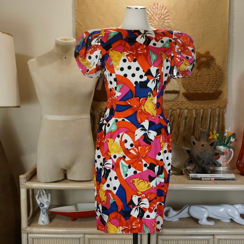 Vintage Morton Myles puff shoulder bow graphic cocktail dress sequin party